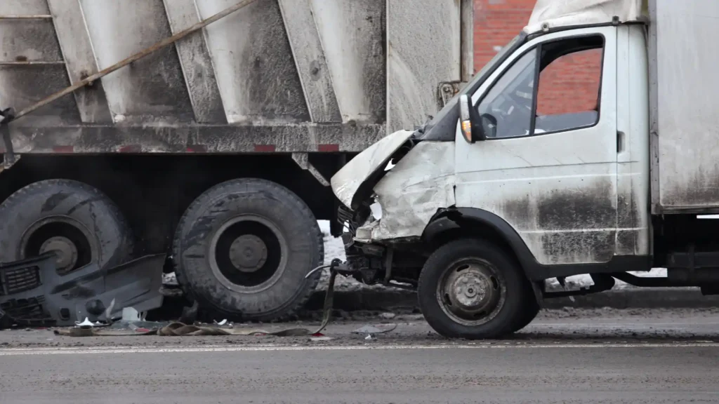 Collision between a van and a truck, with damage visible on the van's front end.
